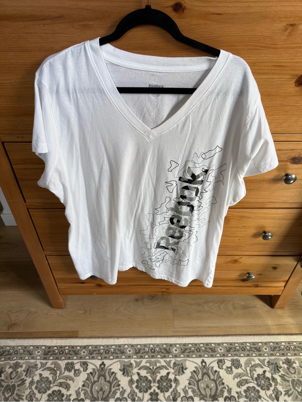 Reebok White V-Neck Graphic Tee with Black Print